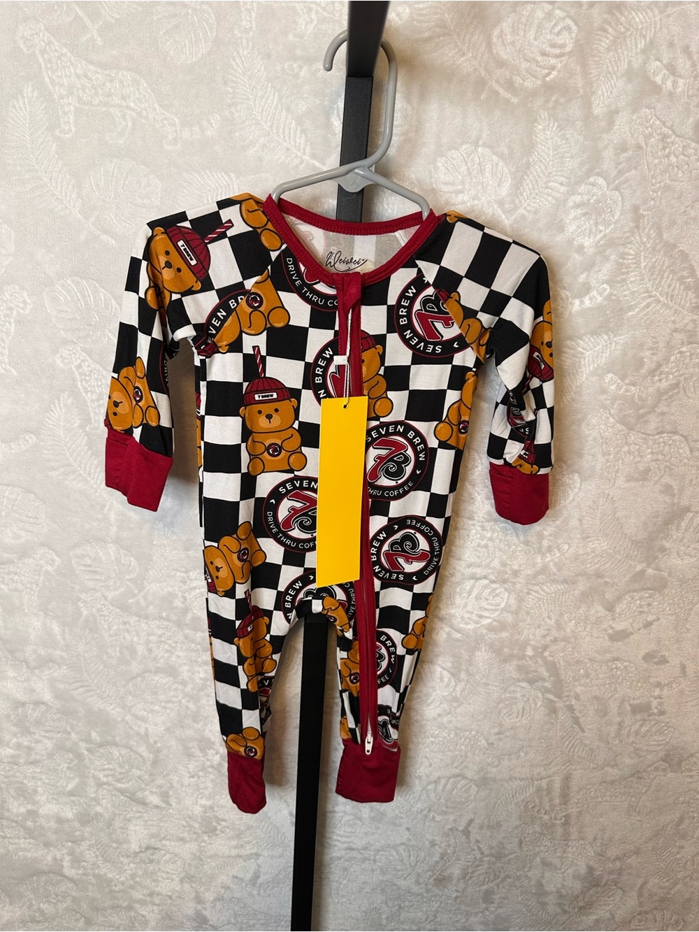 Whimsy Checkered Teddy Bear Footie One-Piece in Black, White & Red